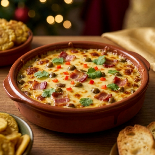 Dip Caliente de Tocineta, Gandules y Queso Rallado Gouda