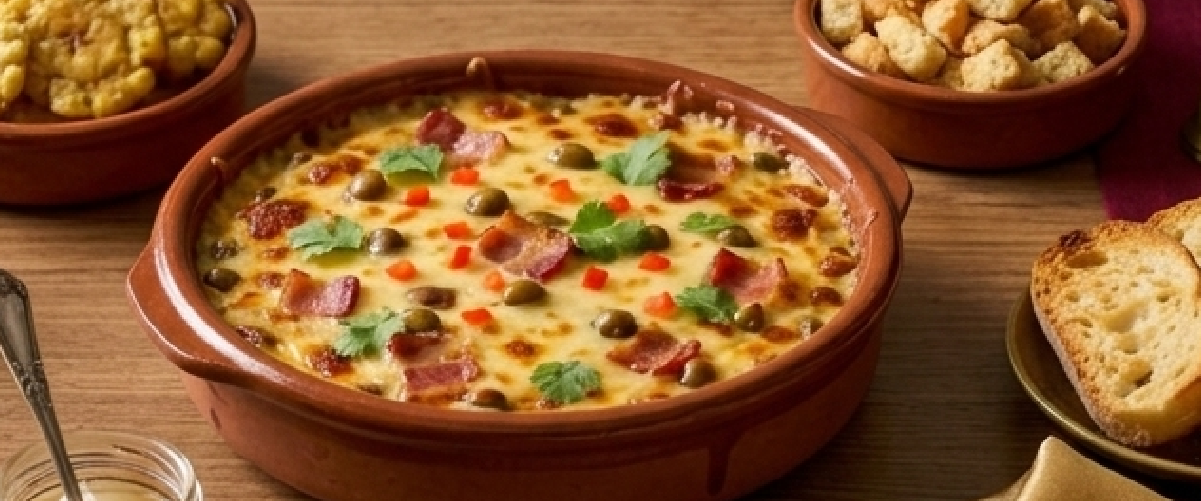 Dip Caliente de Tocineta, Gandules y Queso Rallado Gouda